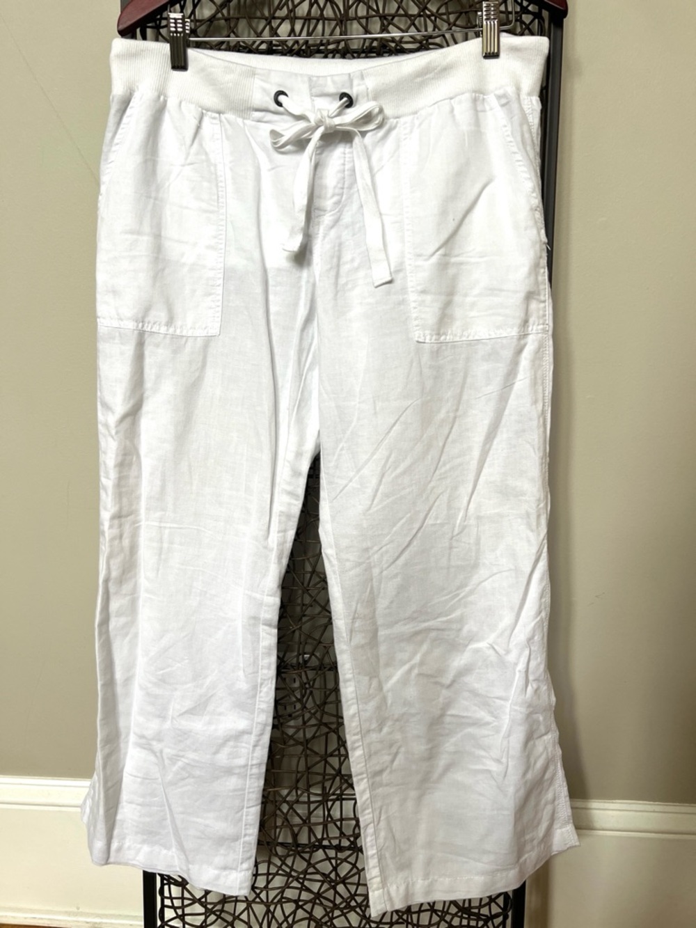 Converse Women Linen Cotton Bl Pants White Wide Leg Pockets Drawstring Cropped M